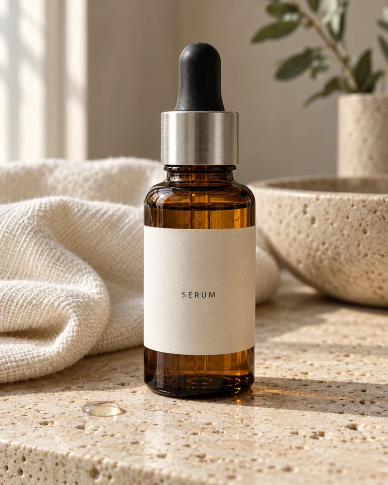 Botol serum di atas travertine dengan cahaya tingkap, tekstur kain dan pantulan kaca yang natural.