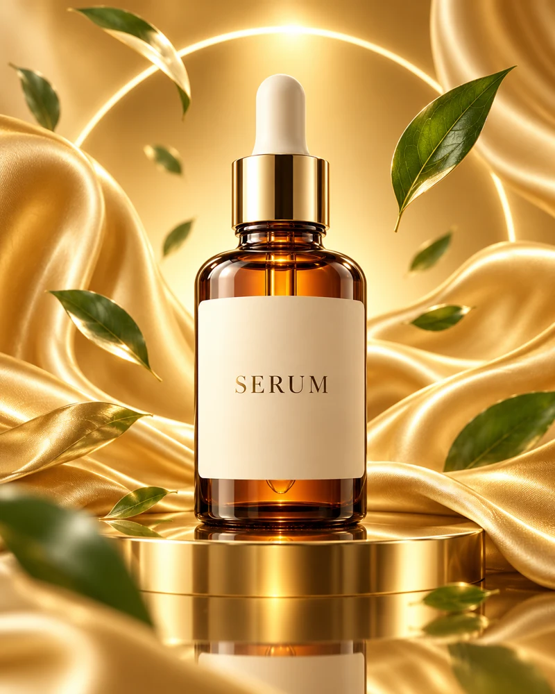Botol serum dengan sutera emas dan daun terapung, contoh gaya AI generik.