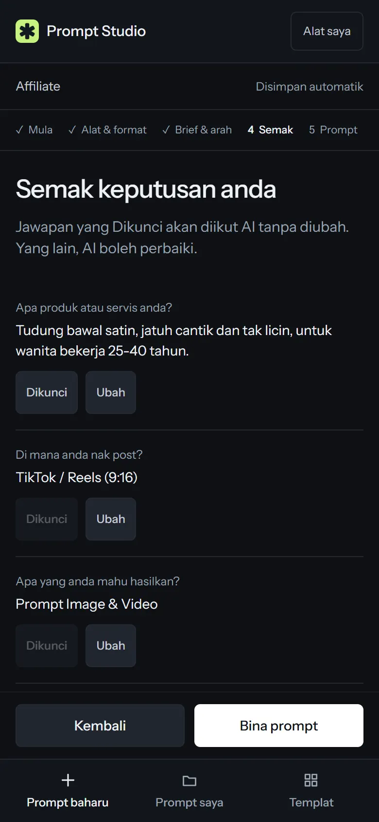 Prompt Studio: semak jawapan dalam Bahasa Melayu tentang tudung bawal satin sebelum bina prompt.