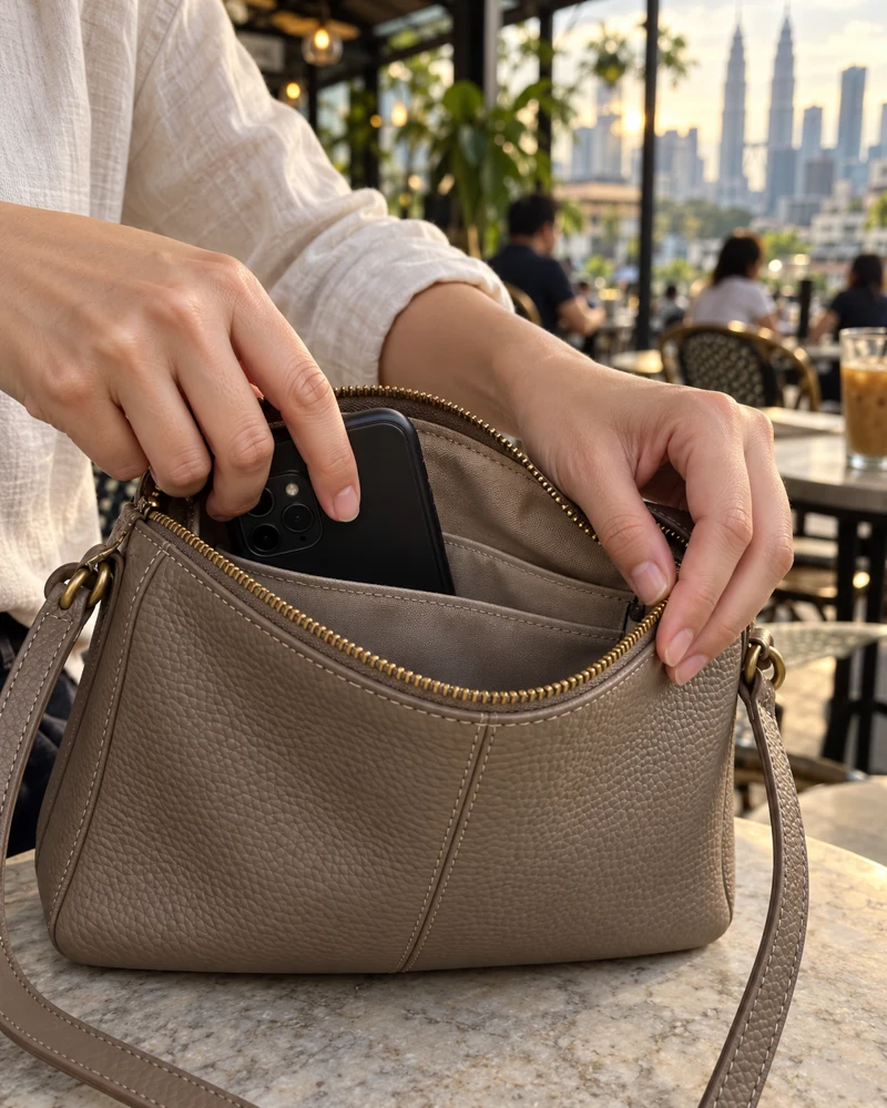 Tangan membuka beg taupe dan memasukkan telefon; butiran kulit dan jahitan jelas, tanpa muka.