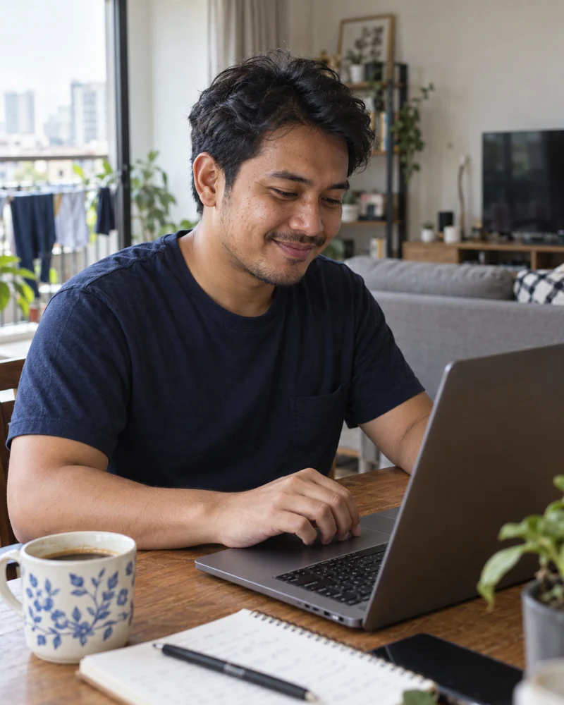Lelaki Malaysia tersenyum natural sambil menggunakan laptop di rumah, ilustrasi AI.