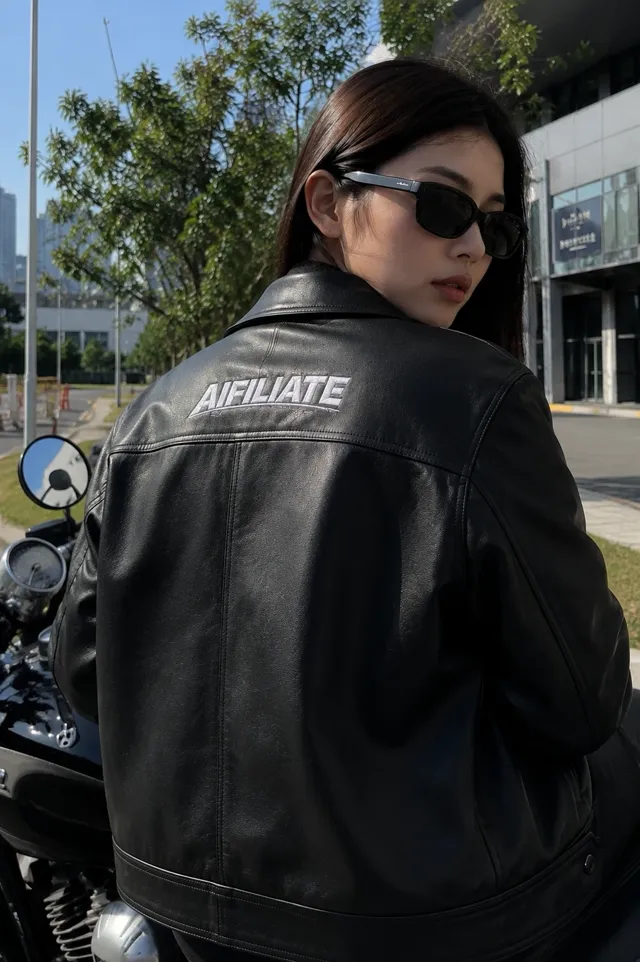 Wanita memakai jaket kulit hitam bersulam AIFILIATE di
                  belakang, duduk atas motosikal.