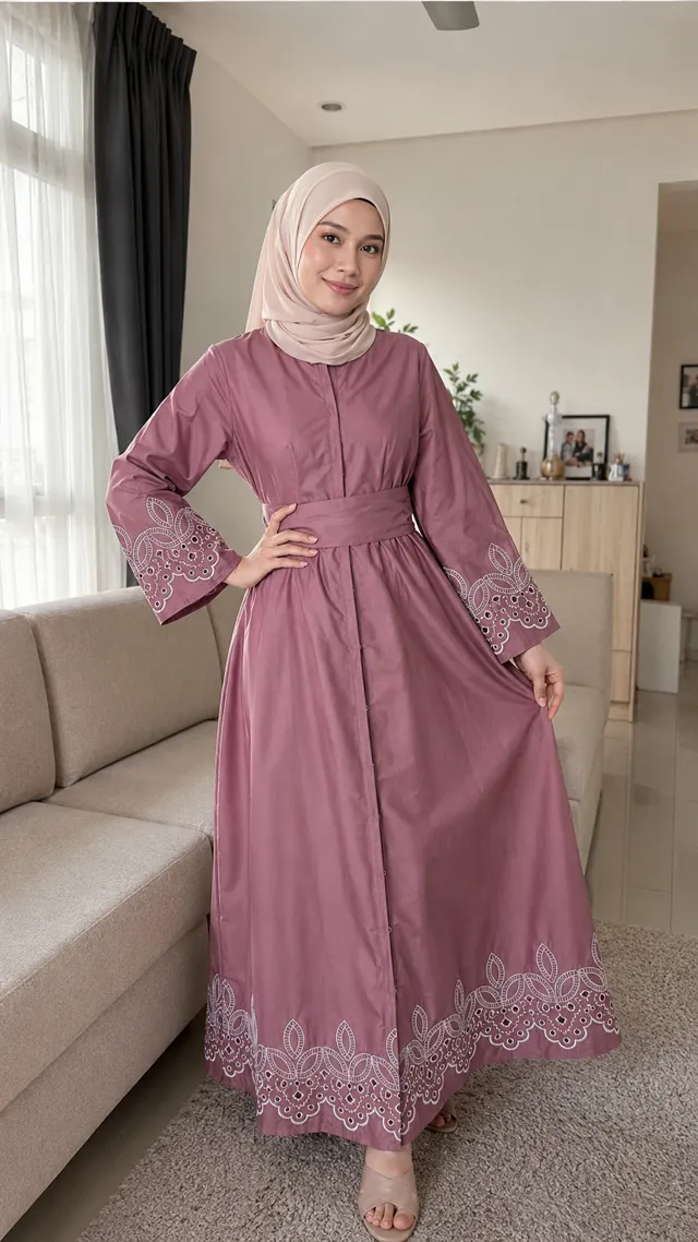 Wanita bertudung memakai jubah merah jambu bersulam putih di
                  ruang tamu.