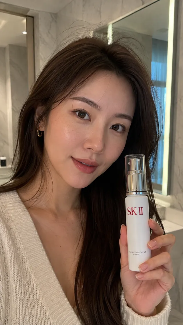 Wanita memegang botol serum putih berhampiran wajahnya di
                  hadapan cermin bilik air.