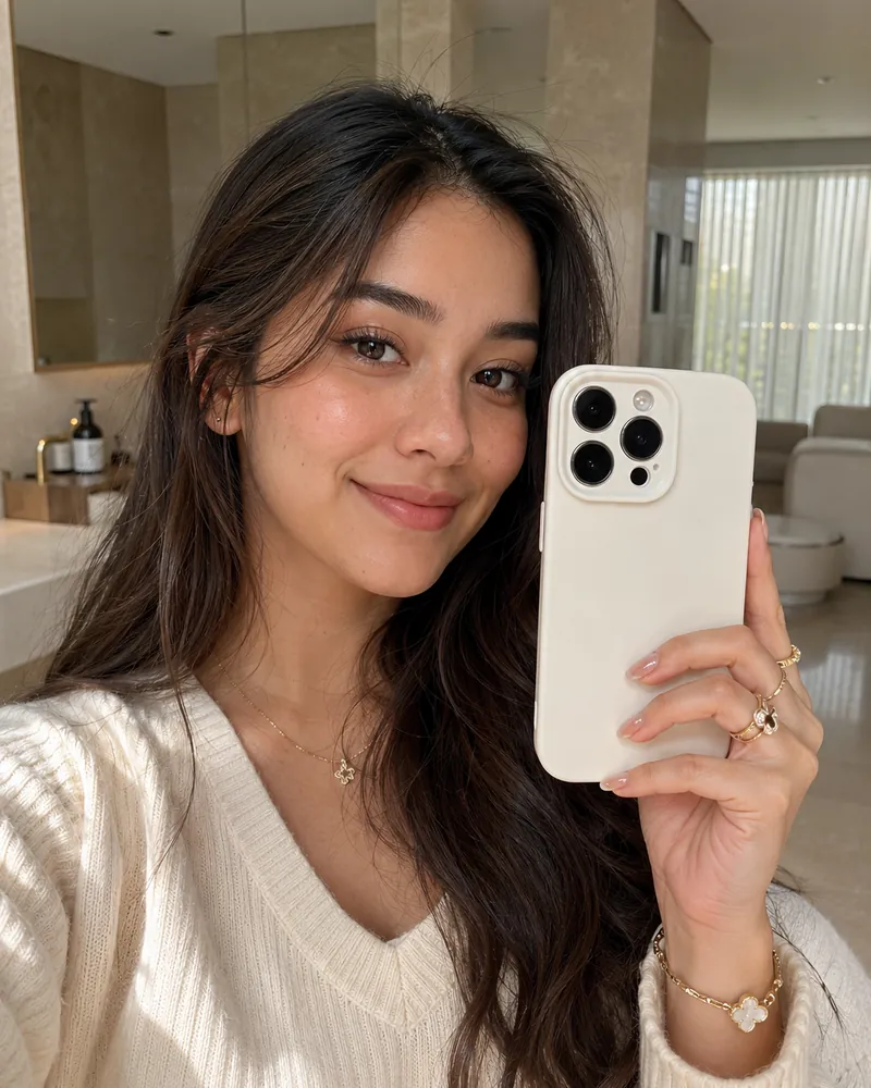Wanita berbaju sweater putih selfie di cermin sambil memegang telefon, dijana guna sistem ini.