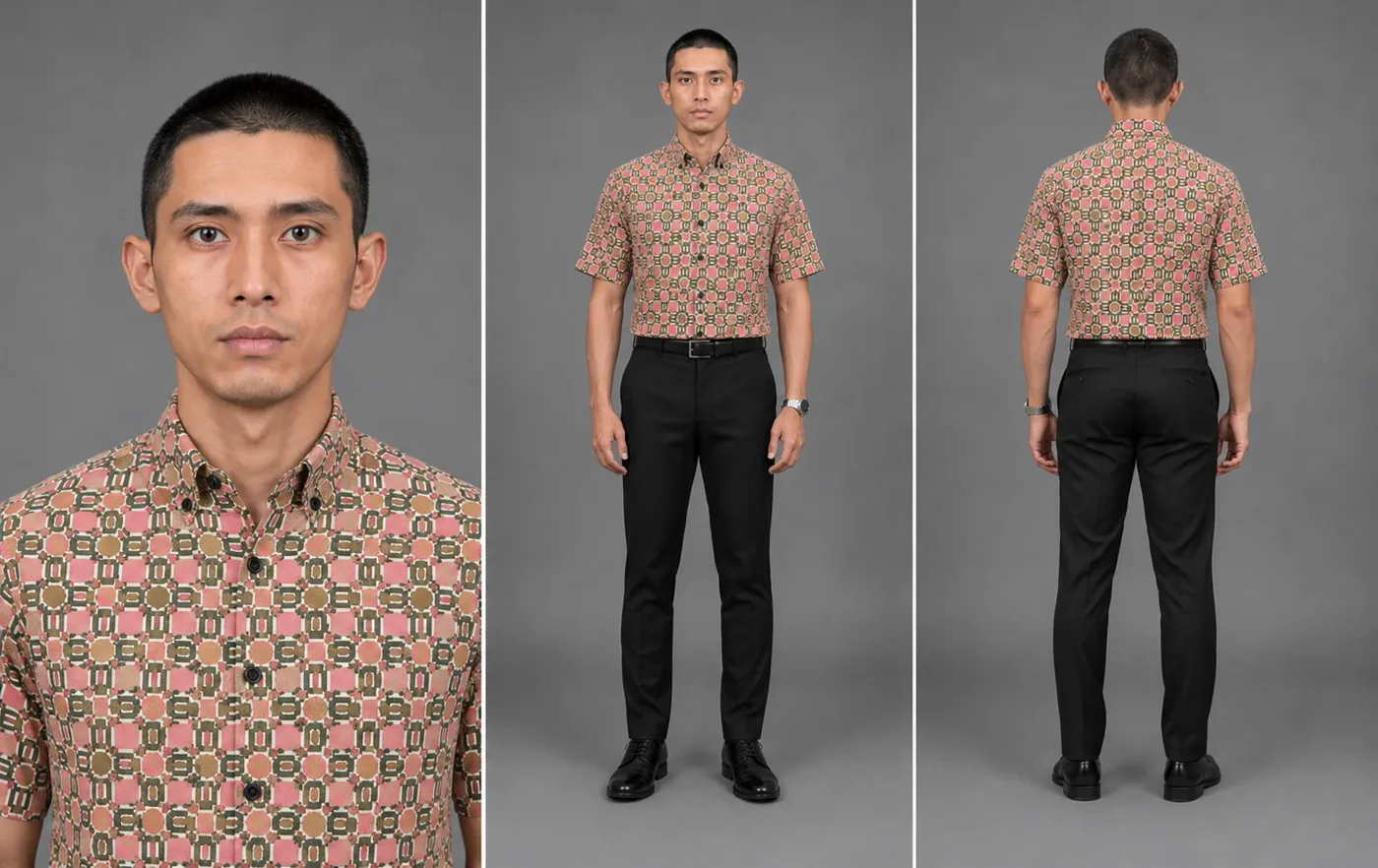 Kemeja batik yang sama pada model yang sama, dilihat dari tiga
                sudut: potret dekat, badan penuh dari depan, dan dari belakang.