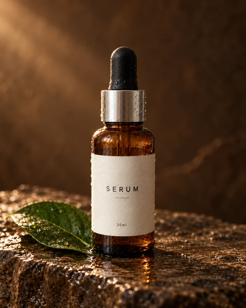 Botol serum amber di atas batu gelap dengan titisan air dan pencahayaan iklan.